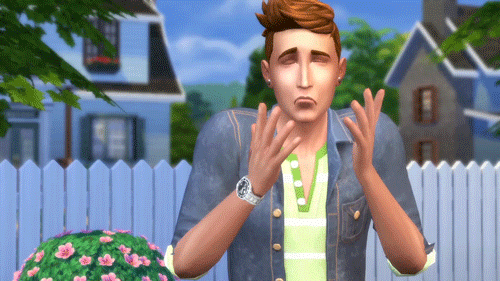 Ein geschockter männlicher Sim, aus dem Computer Spiel "Die Sims 4"
