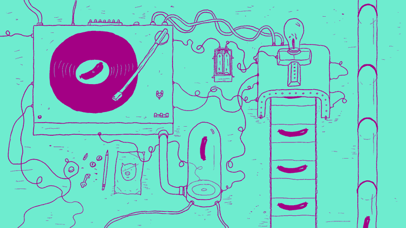 Illustrated turntable and pipes in purple on mint green