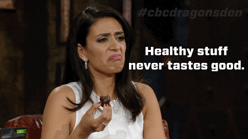 Woman saying healthy stuff never tastes good