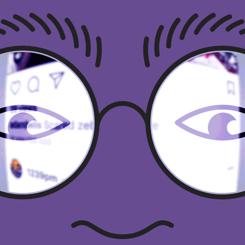 Caricature eyes behind reading glasses, with scrolling seen as the reflection.
