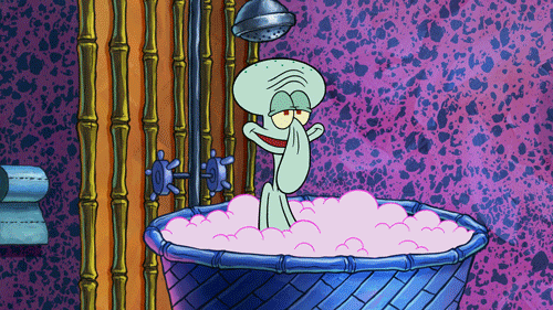 Squidward relaxing in a bubble bath