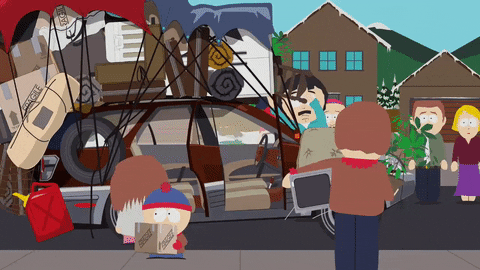 Gif of a cartoon family packing a car. 