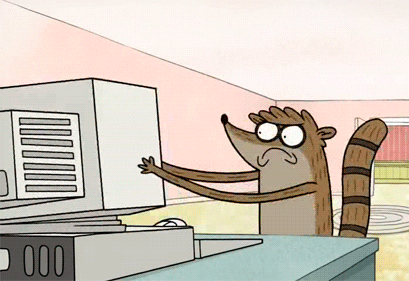 Rigby from the Regular Show shaking a computer screen in frustration.
