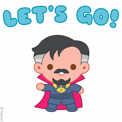 Mini Dr. Strange says "Let's Go!" while bringing up a portal for you to follow him