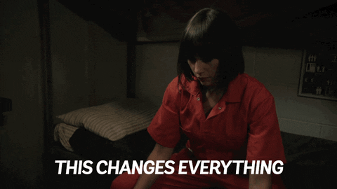 "This changes everything" Actor Rashida Jones in prison suit, looking up