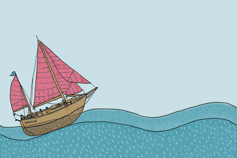 Animacija starinske ladje, ki pluje po morju