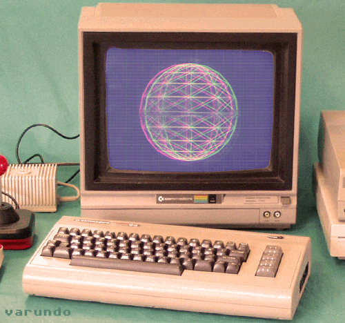 A Commodore 64 with a sphere rotating on the screen