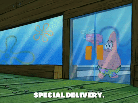 Patrick Star delivering an item to the Krusty Krab restaurant in Spongebob Squarepants.
