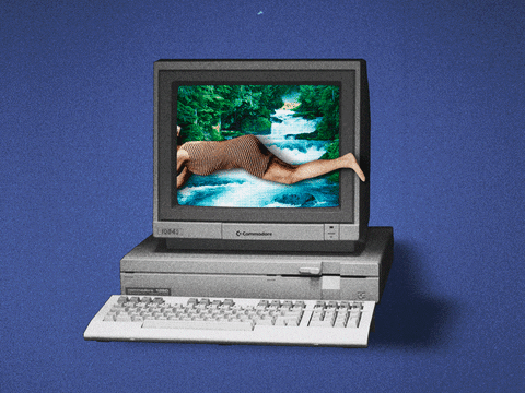 an animation of a person in a swimming costume diving into an old computer screen