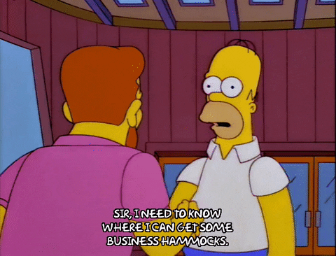 Homer Simpson shaking Hank Scorpio's hand asking where he can find business hammocks.