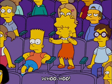 Lisa Simpson, standing on a chair and surrounded by other students, including Bart: Whoo-hoo!