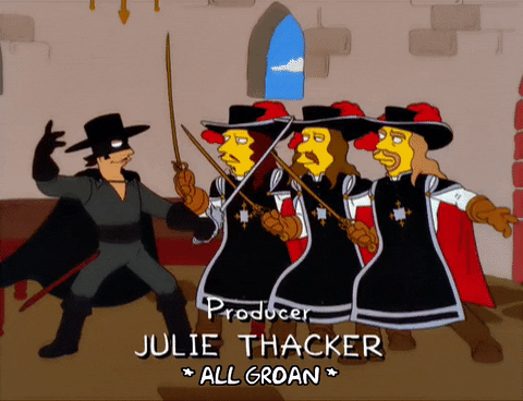 GIF from The Simpsons of the three musketeers fighing and dying together in sync