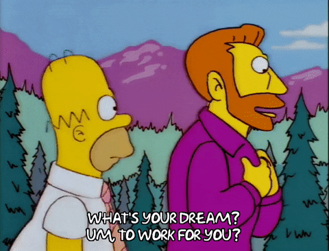 Homer simpson beantwoordt sollicitatievragen terwijl hij met een andere man door een landschap wandelt