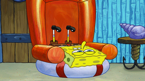 Cartoon character Spongebob lounges on chair, sighing