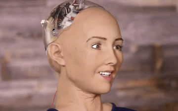 creepy android turning head and smiling at you