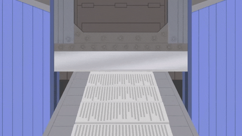 An animation of a printing press printing newspapers