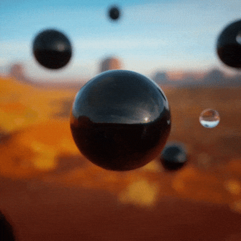 3D water droplets floating around black orbs changing texture