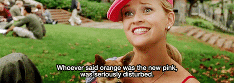 Elle Woods holding her dog and nodding her head.Caption says "whoever said orange wwas the new pink was seriously disturbed"