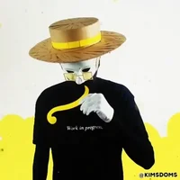 Figure in a white mask and flat-brimmed hat beside a curling yellow line