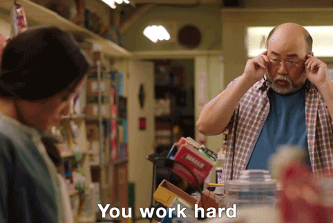 Image from Kim's Convenience, in which Mr. Kim says, "You work hard, I work hard. We all work hard by taking out the garbage."