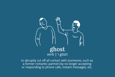 definition of ghosting gif with one person waving and the other disappearing, along with the mirriam webster definition