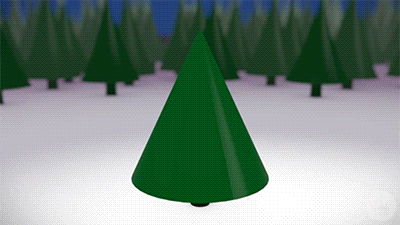 Gif of shot spinning around animated Christmas tree as it's magically decorated and surrounded by presents