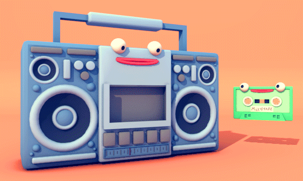a smiling tape jumping into a portable smiling stereo player, emitting sound waves as it lands