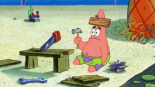 Patrick Star sitting with a hammer in hand and a board nailed to his head. 