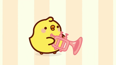 Cartoon, yellow duck named Patrick playing a pink trumpet