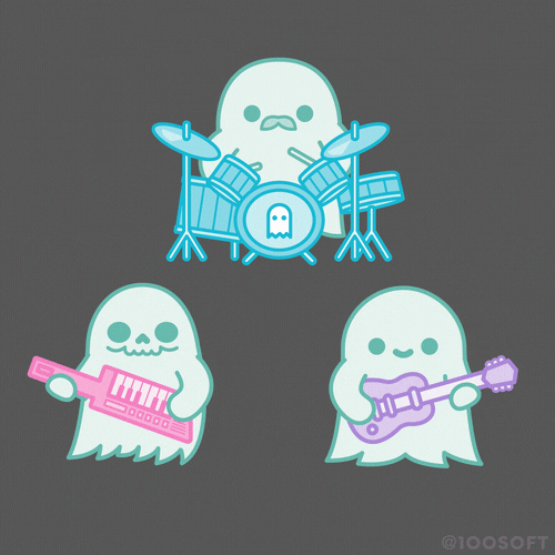 Kawaii ghosts playing drums, guitar, and key-tar