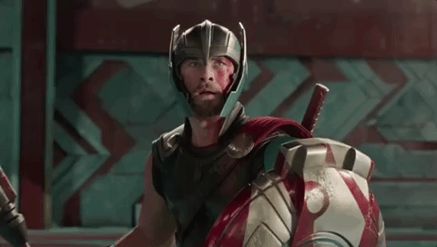 Thor Ragnarok: Thor in the gladiator ring seeing Hulk and gets excited