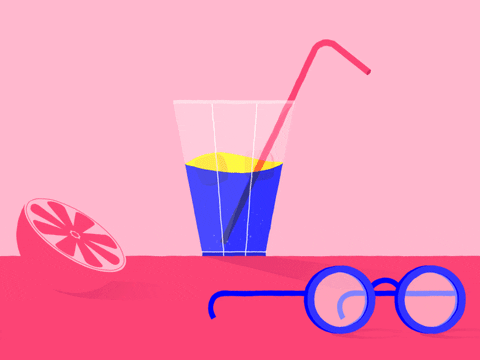 Gif of an animated scene of a cup with a lemon and glasses