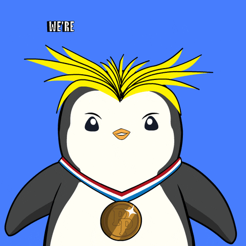 Cute penguin wearing medal with WE'RE SO BACK text