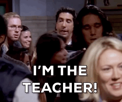 Ross Gheller from "Friends" shouts "I'm the teacher!" as he pushes through a crowded hallway