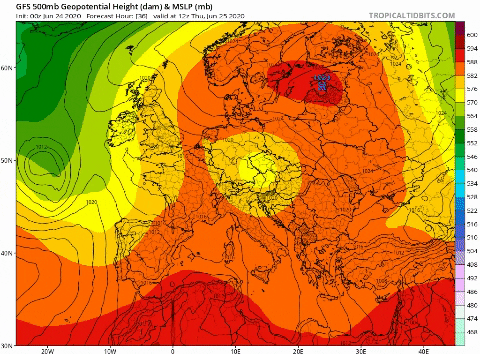 Temperatura y geopotencial a 500 hPa previsto por el modelo GFS hasta el domingo / Tropical Tidbits