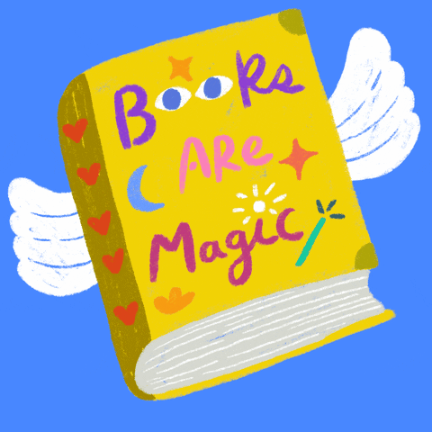 Gif drawing of yellow book with wings with title Books Are Magic
