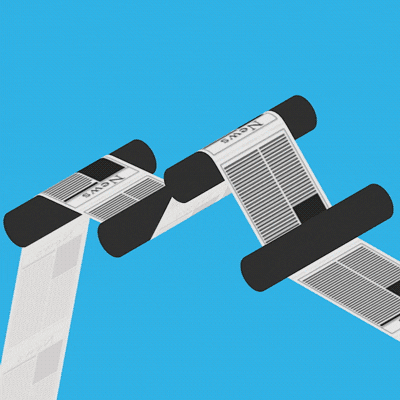 a vector animation of an endless sheet of newspaper traveling through printer rollers