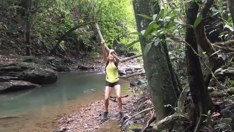 Gif of Kim swinging on a vin on the way back from Ton Kloi waterfalls
