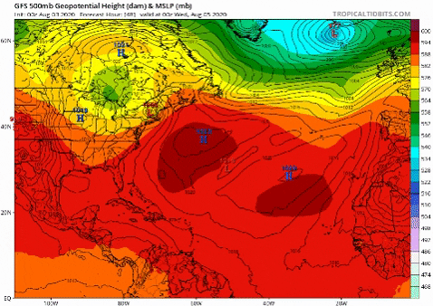 Temperatura y geopotencial a 500 hPa previsto por el modelo GFS / Tropical Tidbits