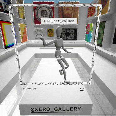 a walking sculptor's model floating in an art gallery
