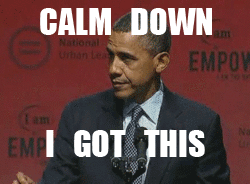 Gif do ex-presidente norte-americano, Barack Obama, em um palanque falando “Calm down, I got this”.