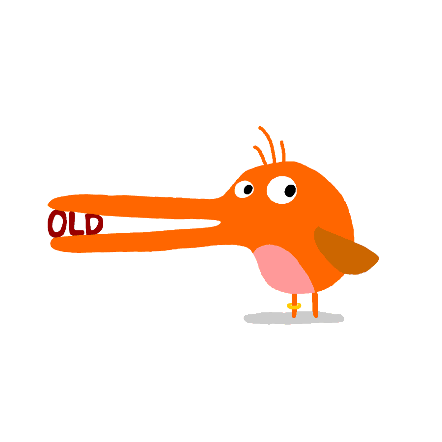 Gif of weird orange bird chomping on words old and new back and forth