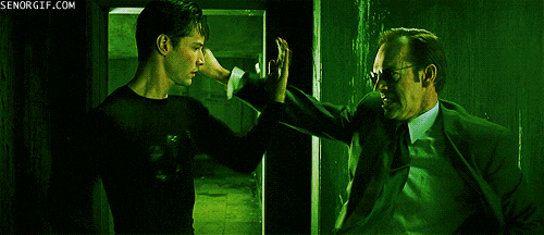 Neo from Matrix fighting one of the agents