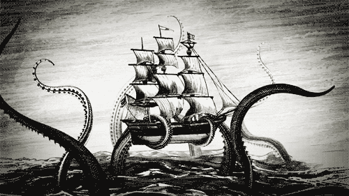 ship, gray, sea monster, sailing, ocean, sea, voyage, octopus, giant squid, monster,