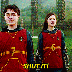 Harry and Ginny on the Quidditch field. Ginny: Shut it!