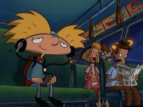 cartoon character, Arnold, enjoying music
