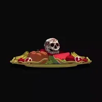 A skull on a platter of food against black