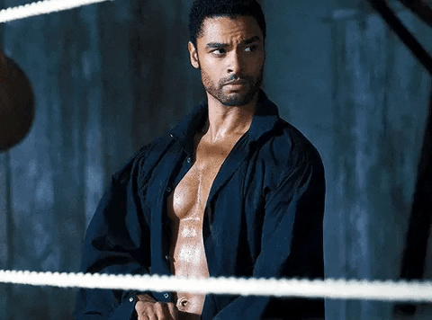 A GIF of Rege Jean-Page shirtless from the Netflix show Bridgerton via Giphy