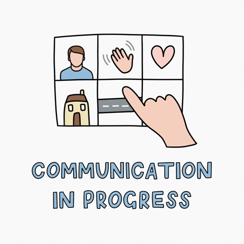 A hand hovering over six tiles with animated pictures with the label "communication in progress"