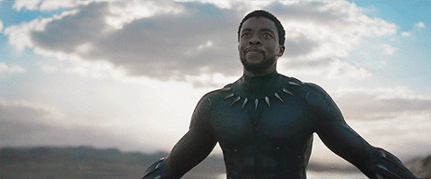 GIF of Black Panther (Chadwick Boseman) walking towards the camera, arms out in a challenge